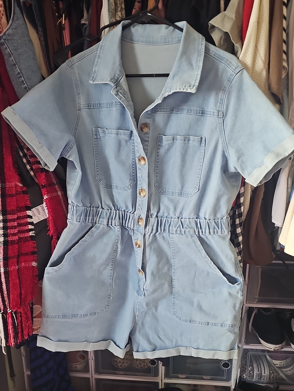 Light Blue Denim Short-Sleeve Romper with Elastic Waist
